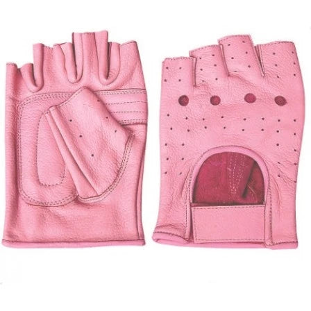Ladies Pink Leather Padded Palm Fingerless Motorcycle Gloves
