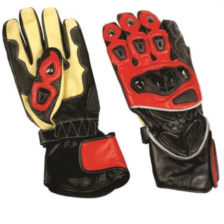 Mens Black Red and Yellow Leather Sport Bike Motorcycle Gauntlet Gloves