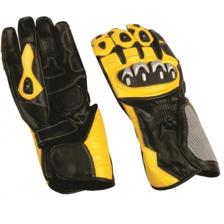 Mens Black and Yellow Leather Sport Bike Motorcycle Gauntlet Gloves