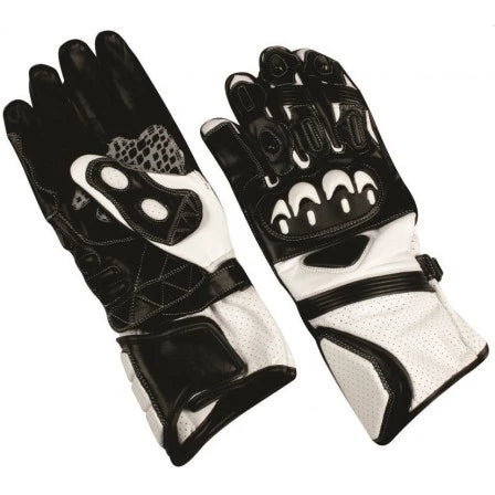 Mens Black and White Leather Sport Bike Motorcycle Gauntlet Gloves