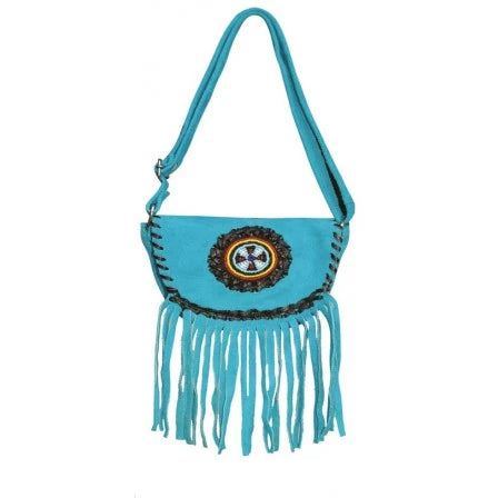 Ladies Blue Suede Leather Fringe and Beads Western Style Handbag