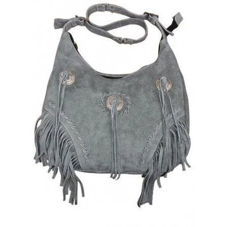 Ladies Gray Suede Leather Fringe and Conchos Western Style Handbag